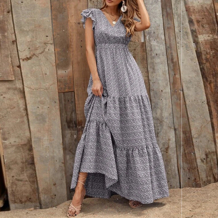 Vestido Bohemio con Escote en V y Estampado Floral con Mangas Cortas | Ideal para el Verano