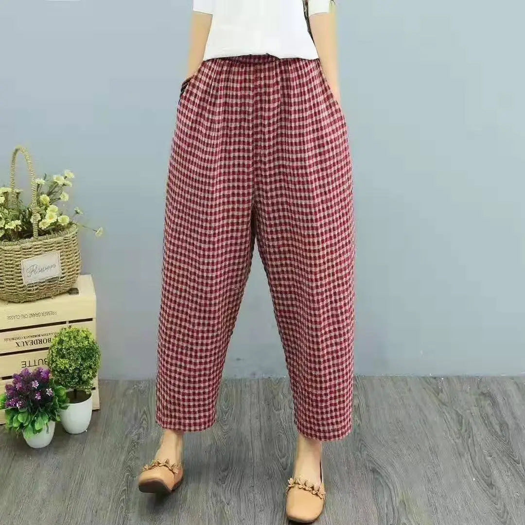 Pantalones Harem de Lino Algodón con Estampado Cuadros - Ideales para Todas las Estaciones