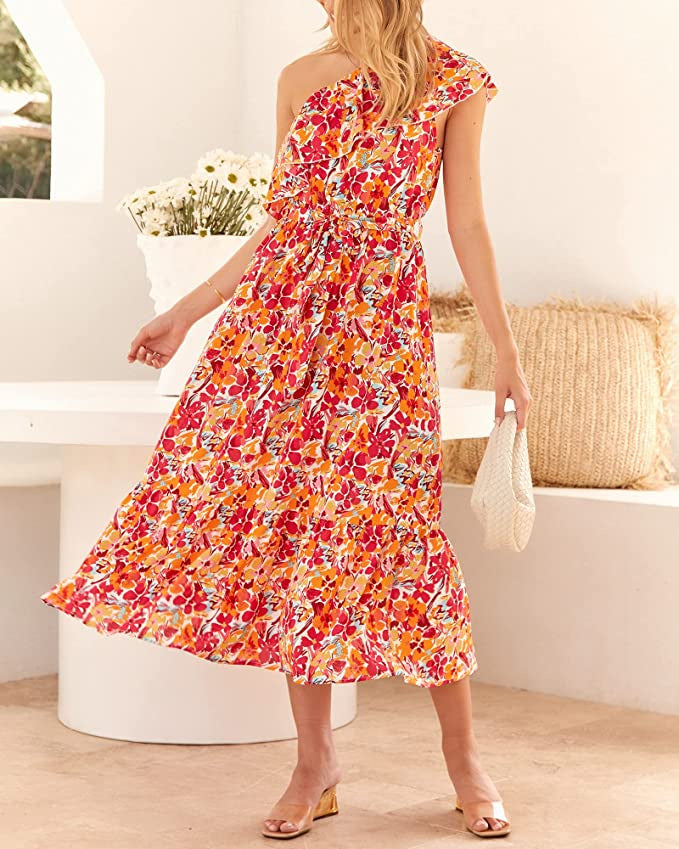 Vestido Sin Mangas con Estampado Bohemio y Cintura Alta con Hombro Asimétrico | Ideal para Primavera y Verano