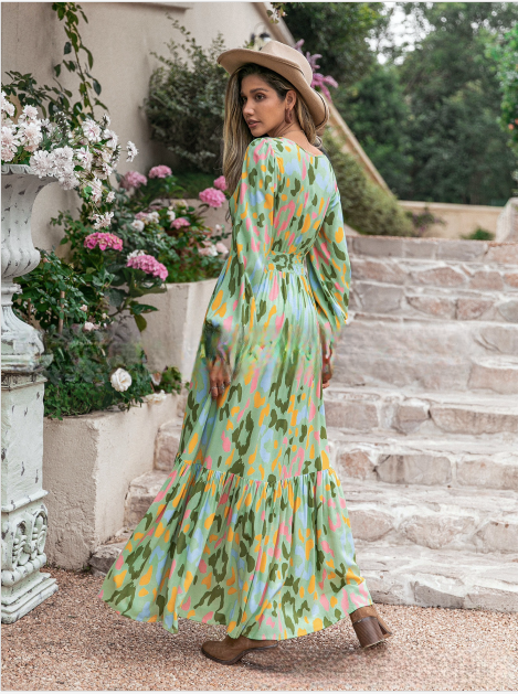 Vestido Largo de Estampado Bohemio con Cintura Fruncida y Mangas Largas | Ideal para Primavera y Otoño