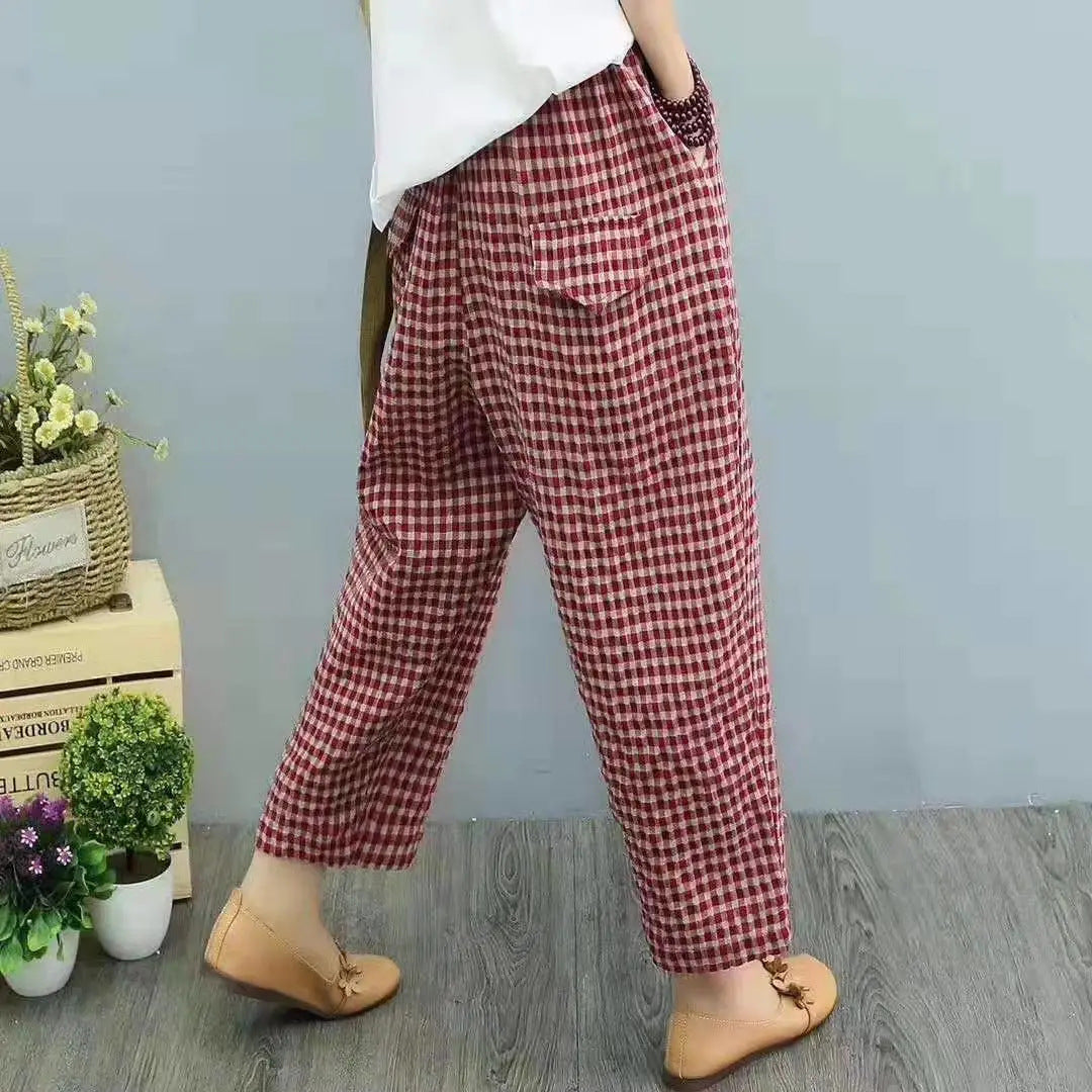 Pantalones Harem de Lino Algodón con Estampado Cuadros - Ideales para Todas las Estaciones