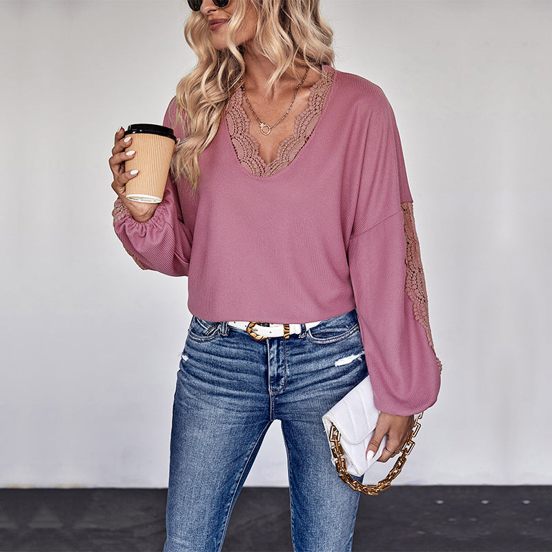 Blusa de Manga Larga con Escote en V y Encaje | Ideal para Otoño e Invierno