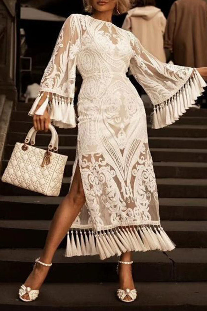 Vestido Recto hasta la Pantorrilla con Abertura con Flecos y Patchwork | Ideal para Primavera y Otoño