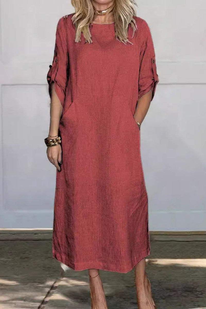 Vestido midi de color sólido con bolsillos y cuello redondo | Ideal para primavera y otoño