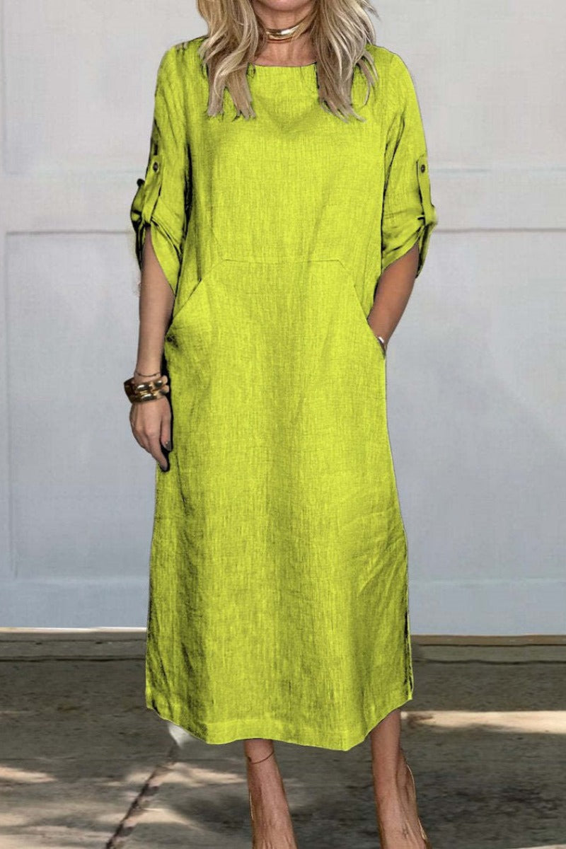 Vestido midi de color sólido con bolsillos y cuello redondo | Ideal para primavera y otoño