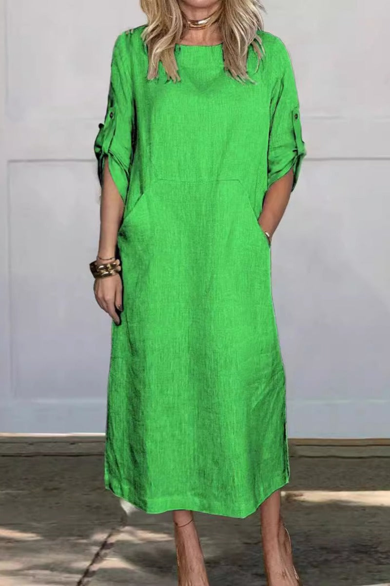 Vestido midi de color sólido con bolsillos y cuello redondo | Ideal para primavera y otoño