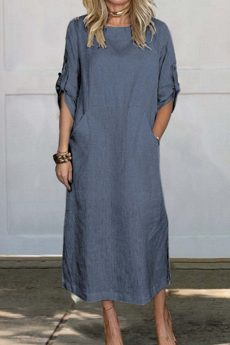 Vestido midi de color sólido con bolsillos y cuello redondo | Ideal para primavera y otoño
