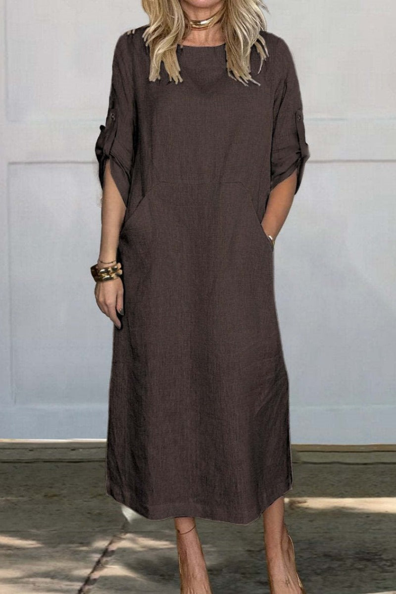 Vestido midi de color sólido con bolsillos y cuello redondo | Ideal para primavera y otoño