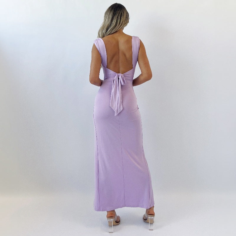 Vestido Elegante Sin Mangas con Abertura y Lazo Trasero – Ideal para Primavera y Verano