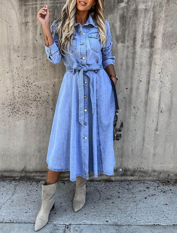 Vestido Camisero Midi de Mezclilla con Mangas Largas y Bolsillos | Ideal para Primavera y Otoño