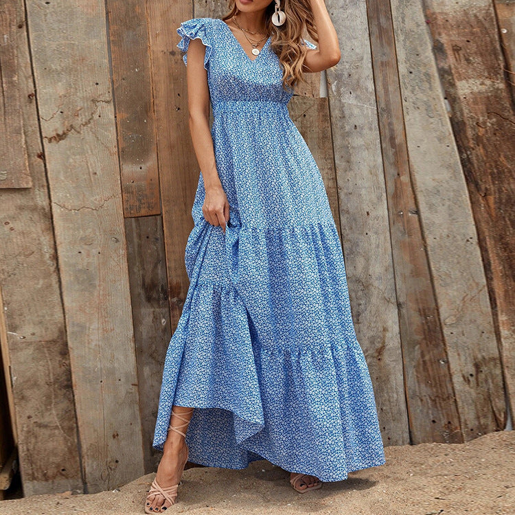 Vestido Bohemio con Escote en V y Estampado Floral con Mangas Cortas | Ideal para el Verano