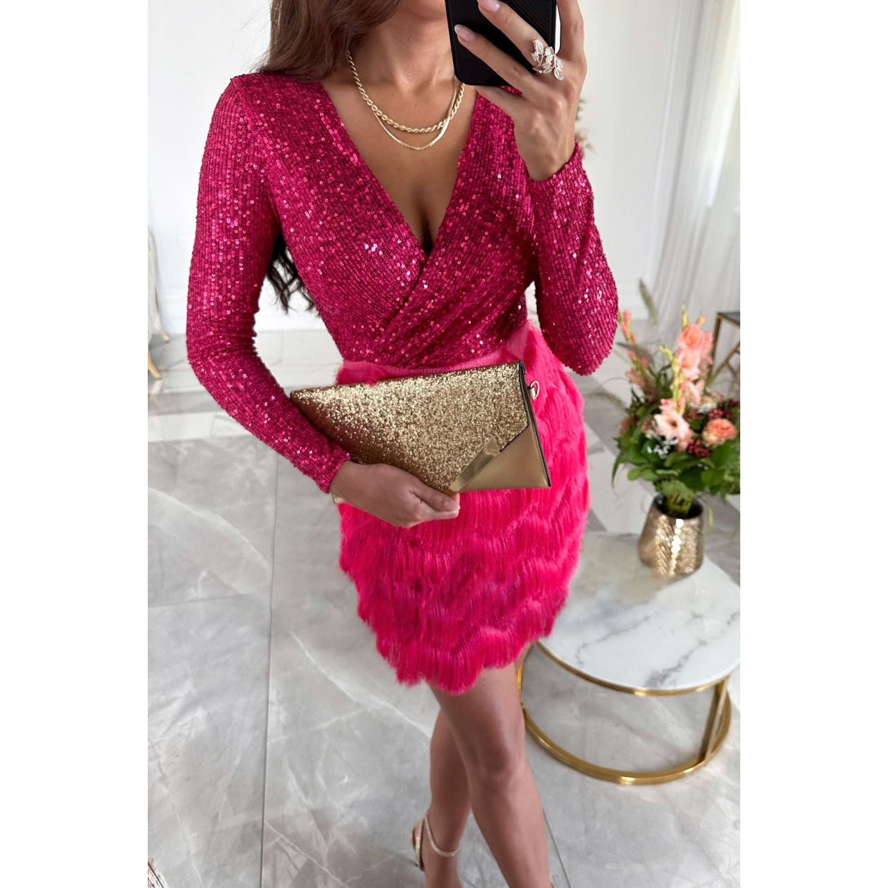 Vestido Mini Brillante con Detalles de Flecos | Ideal para Otoño e Invierno