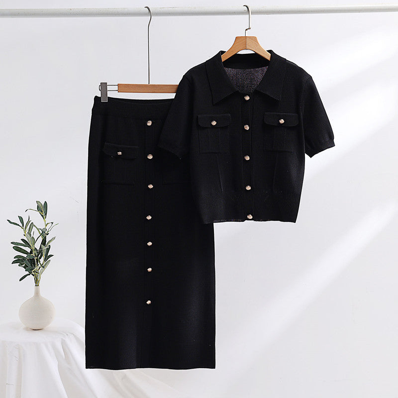 Conjunto de Suéter de Cuello Polo con Mangas Cortas y Falda Midi de Punto – Ideal para Primavera