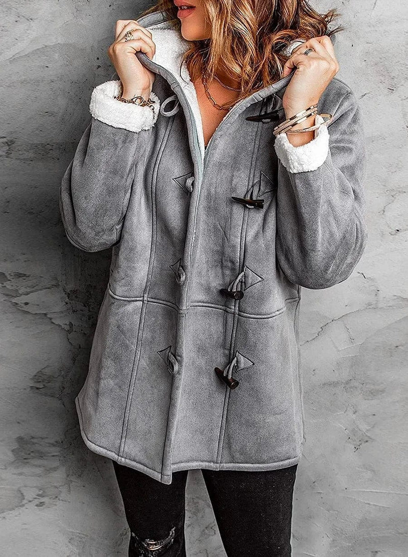Abrigo de mujer con mezcla de lana con capucha y botones de asta I Ideal para el invierno