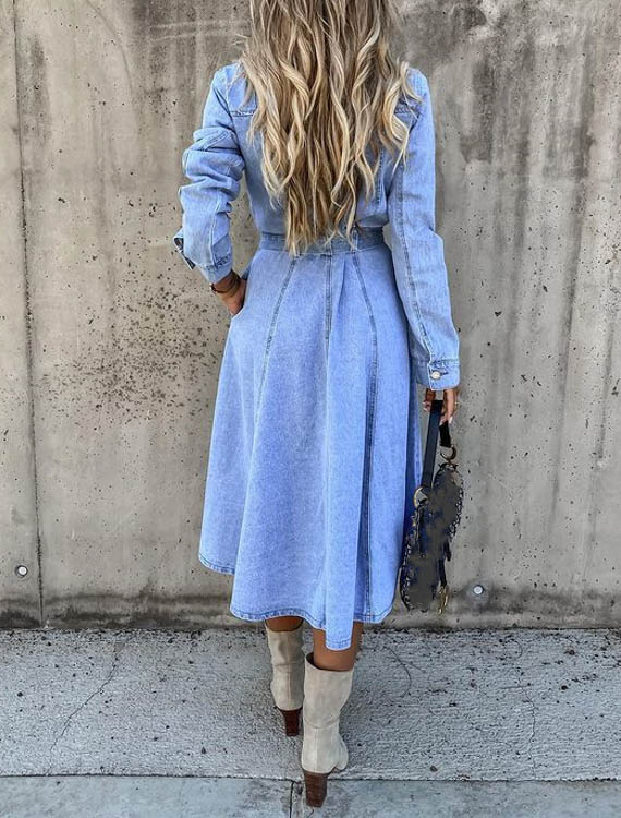 Vestido Camisero Midi de Mezclilla con Mangas Largas y Bolsillos | Ideal para Primavera y Otoño