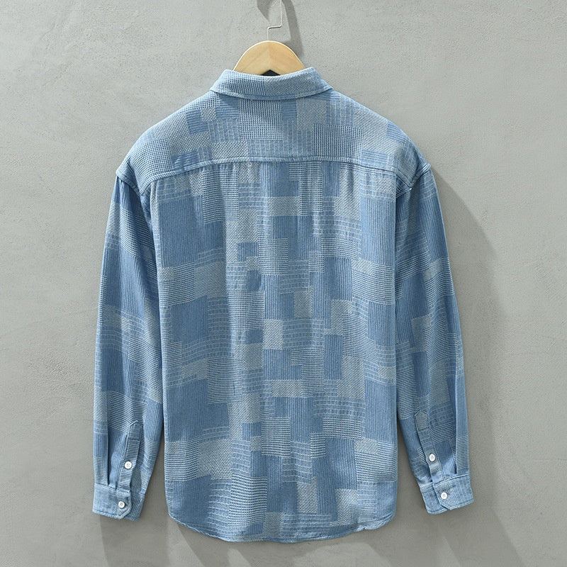 Camisa de mezclilla Jacquard de bloques de color manga larga, ideal para primavera y otoño
