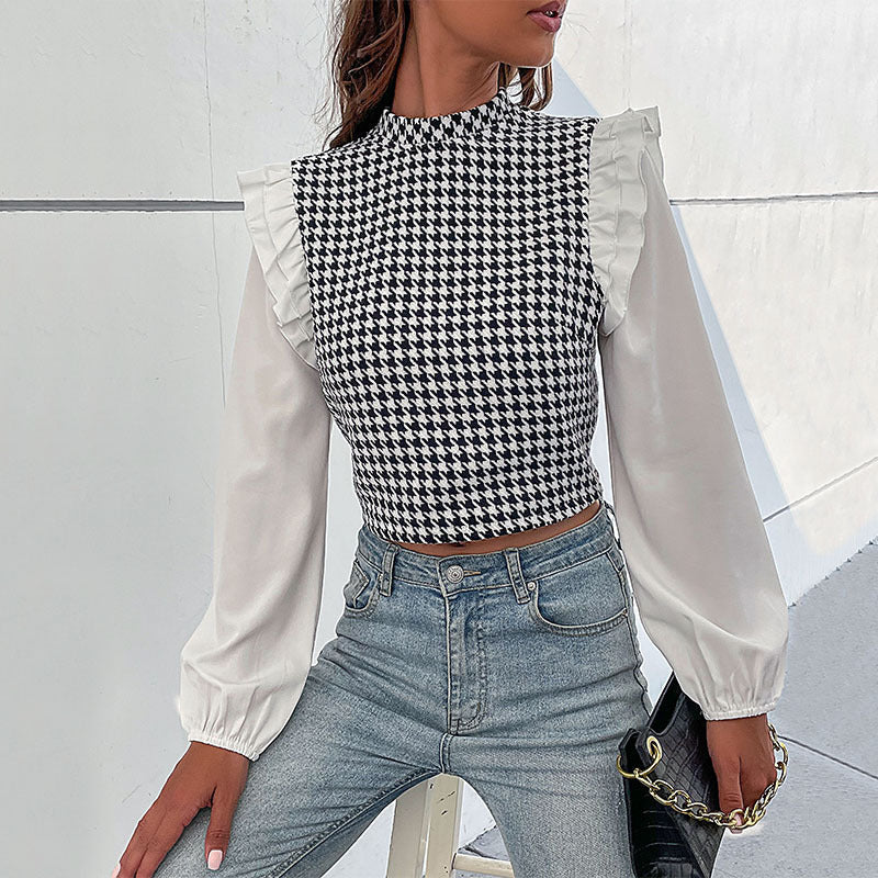 Blusa de Cuello Medio Houndstooth Manga Larga y Corte Corto | Ideal para Otoño e Invierno