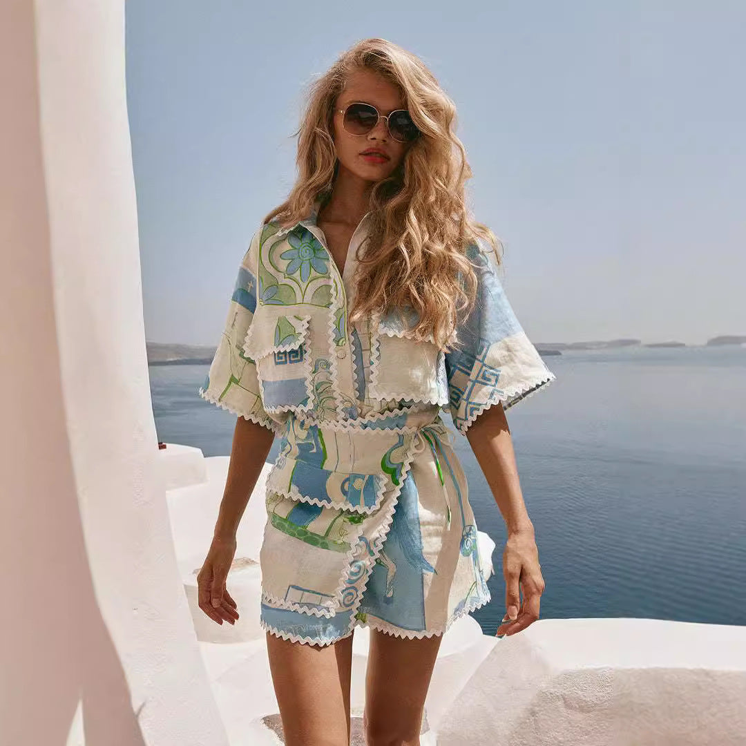 Conjunto de Dos Piezas en Algodón-Lino con Estampado de Encaje | Ideal para Primavera y Verano