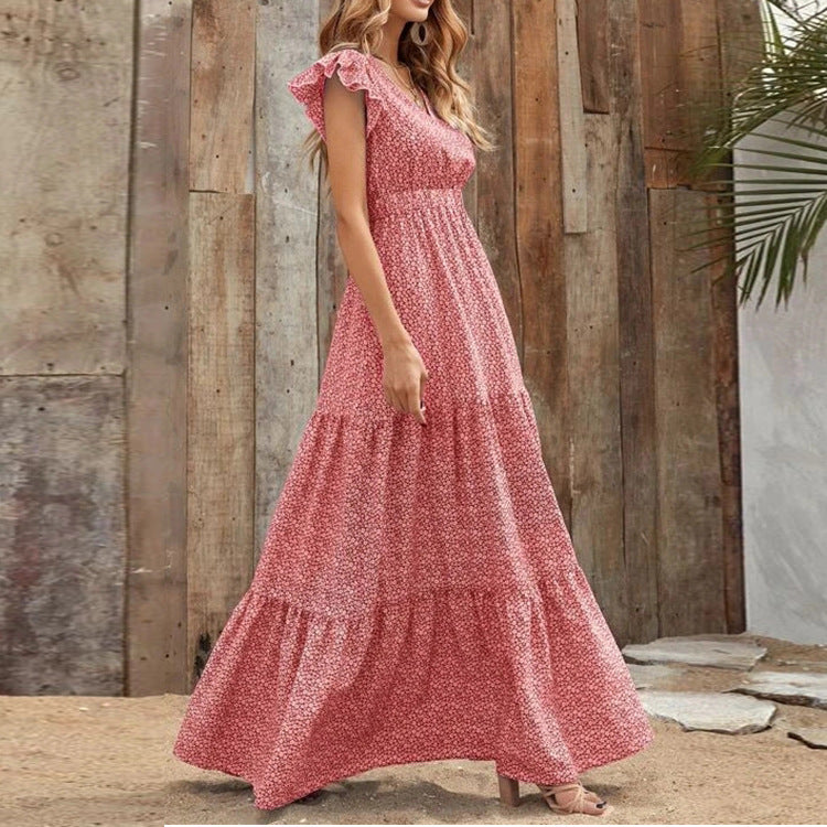 Vestido Bohemio con Escote en V y Estampado Floral con Mangas Cortas | Ideal para el Verano