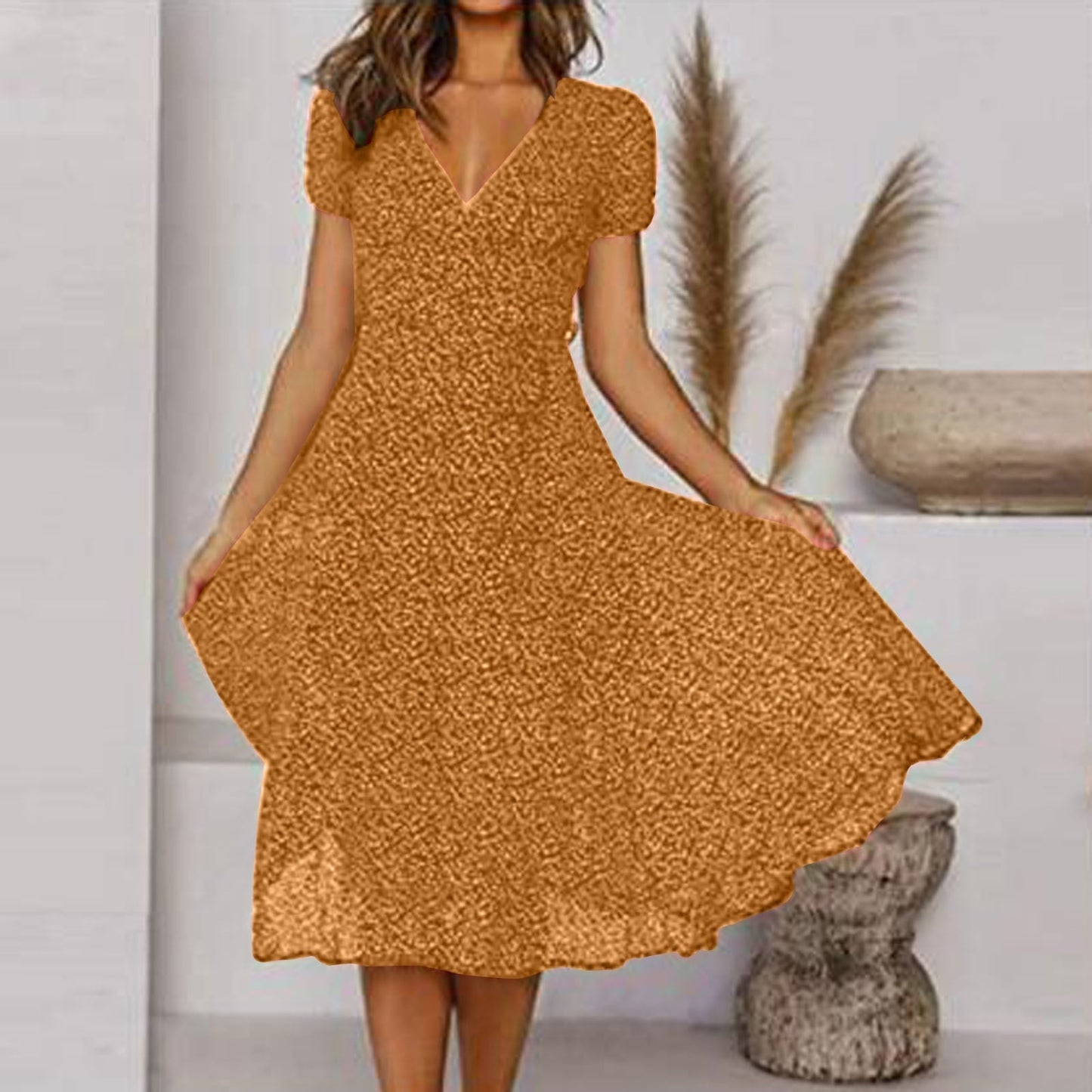 Vestido en Línea A con Escote en V y Falda Fluida | Ideal para Primavera y Verano