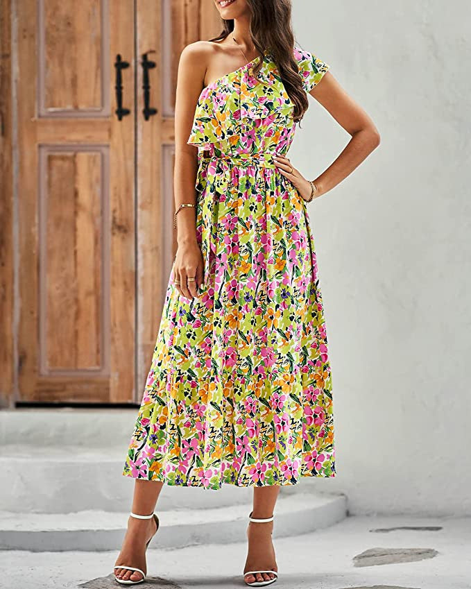 Vestido Sin Mangas con Estampado Bohemio y Cintura Alta con Hombro Asimétrico | Ideal para Primavera y Verano