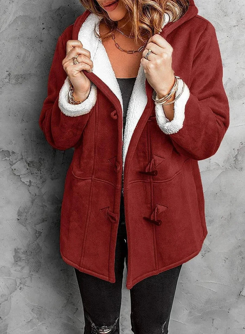 Abrigo de mujer con mezcla de lana con capucha y botones de asta I Ideal para el invierno