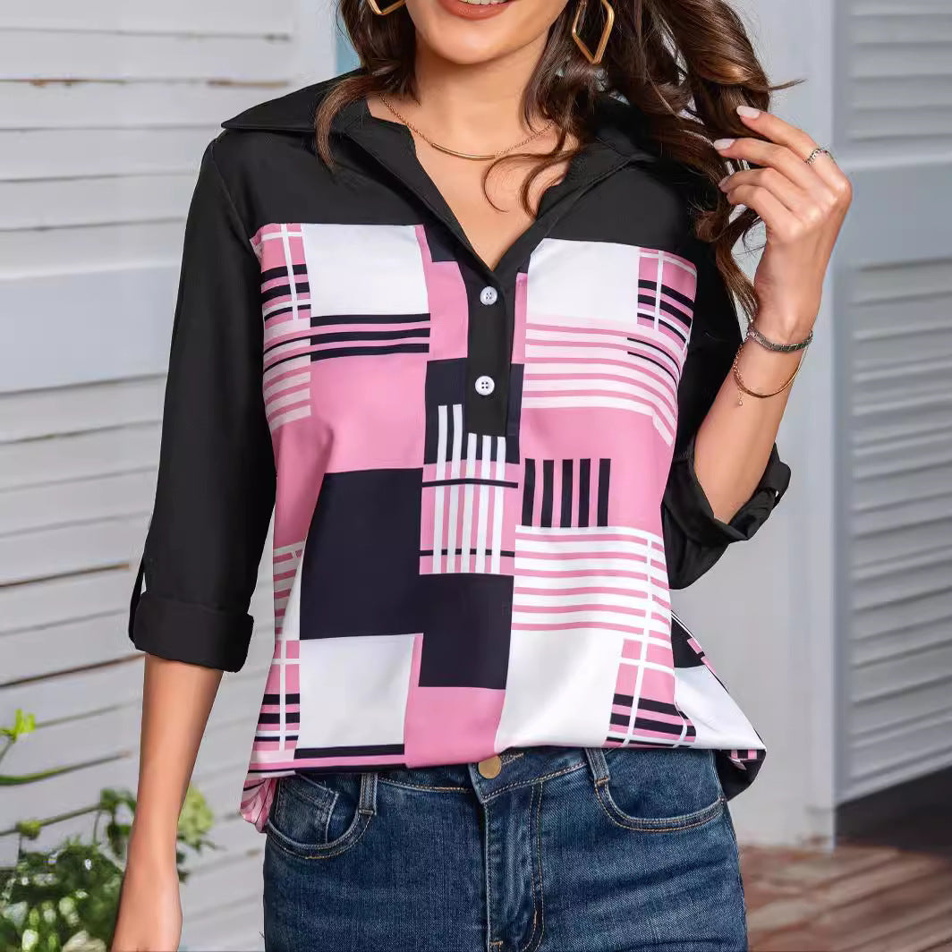 Camisa de Poliéster con Estampado Geométrico y Mangas Tres Cuartos | Ideal para Primavera y Otoño