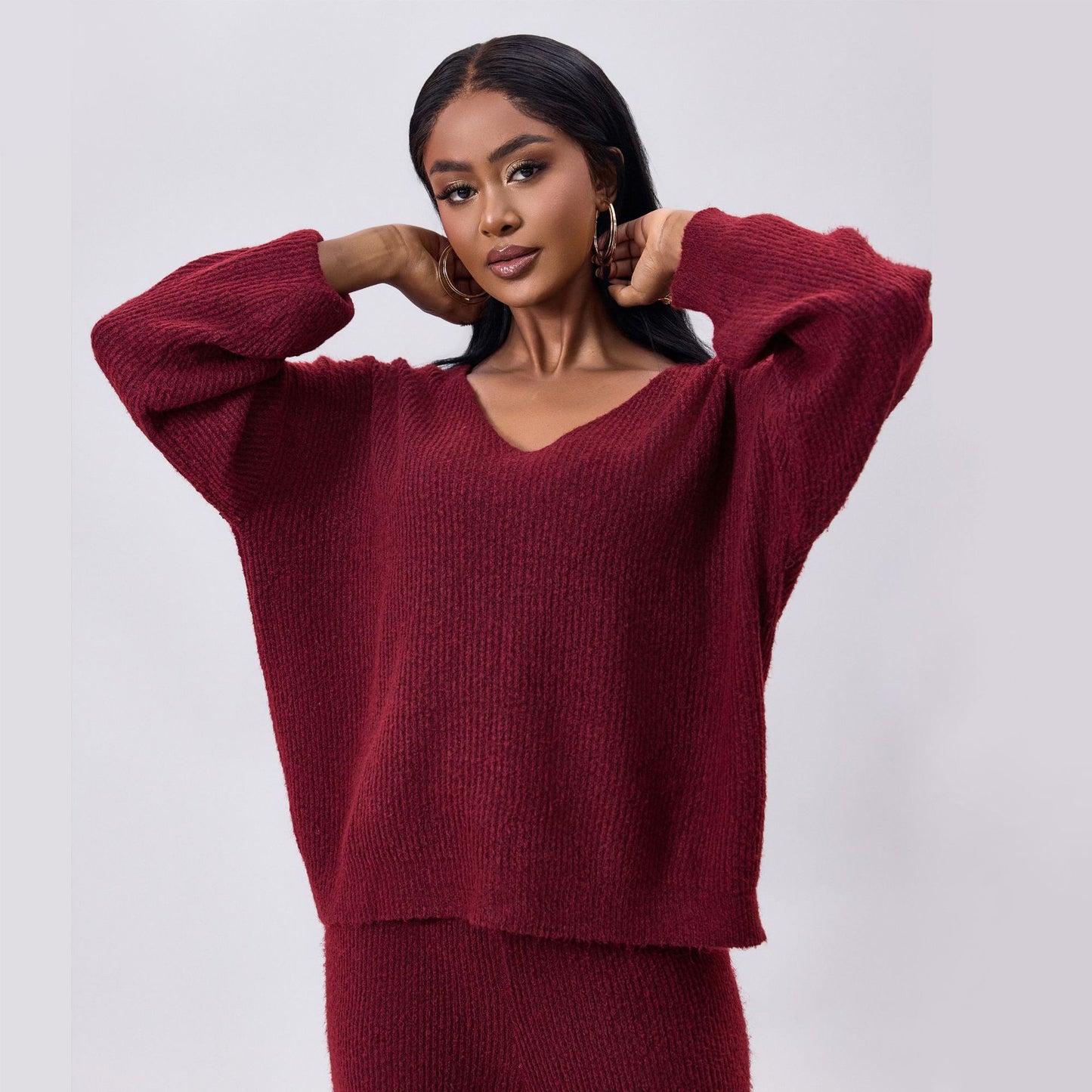 Conjunto de Dos Piezas de Punto con Rayas Hundidas y Mangas Largas | Ideal para Otoño