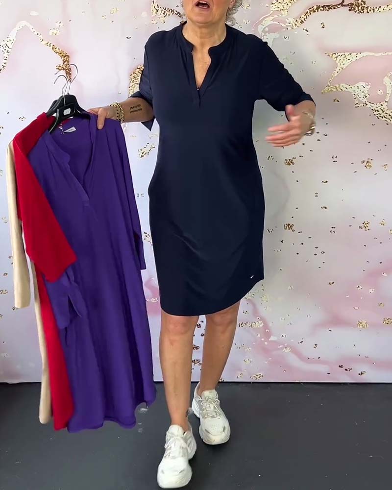 Vestido Recto con Cuello en V y Mangas 3/4 | Ideal para Primavera y Verano