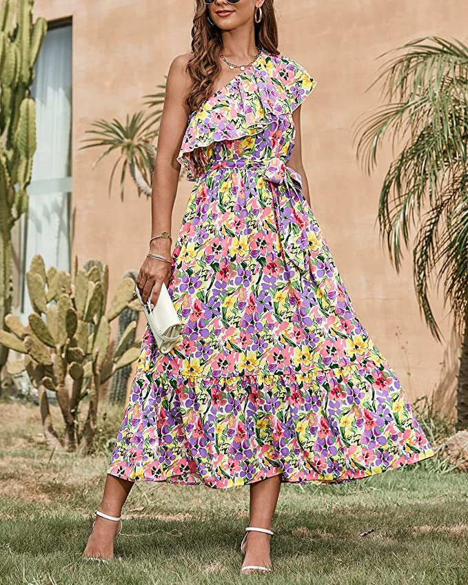 Vestido Sin Mangas con Estampado Bohemio y Cintura Alta con Hombro Asimétrico | Ideal para Primavera y Verano