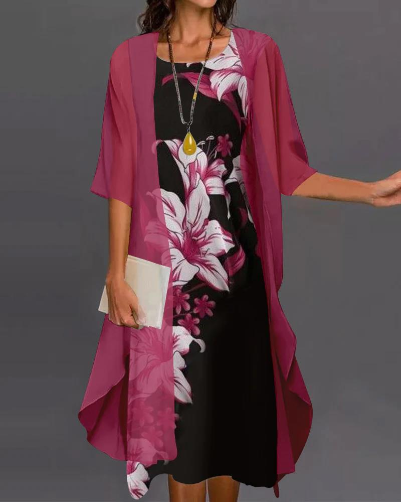 Vestido Floral de Dos Piezas con Manga Media y Dobladillo Asimétrico | Ideal para Primavera y Verano