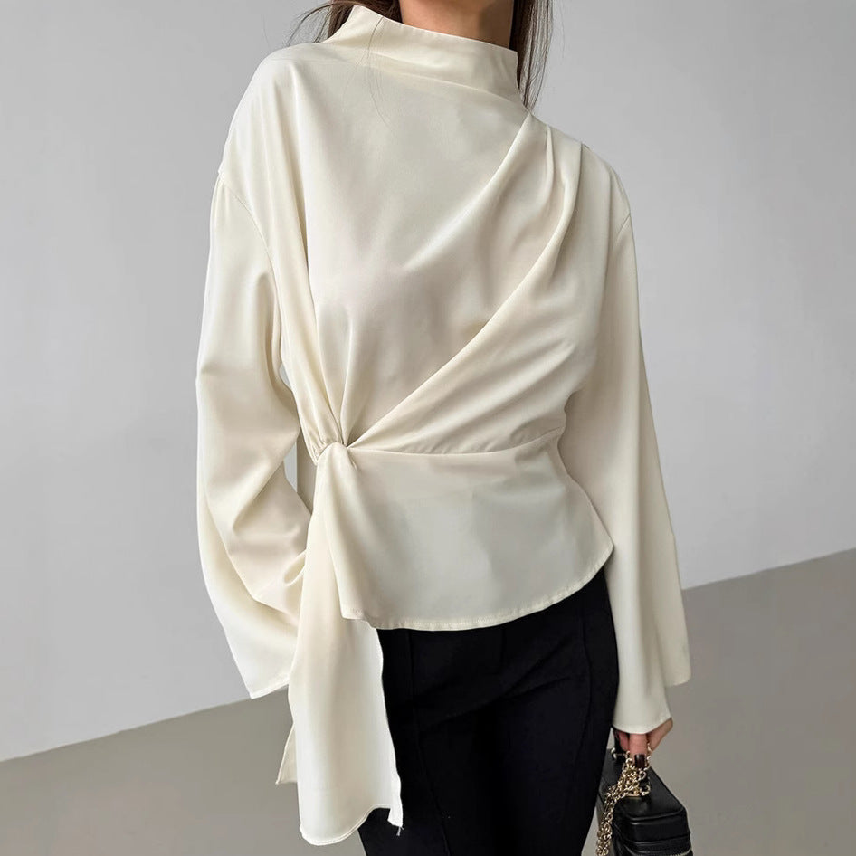 Blusa de Chifón con Cuello Alto, Mangas Campana y Plisados – Ideal para Primavera y Verano