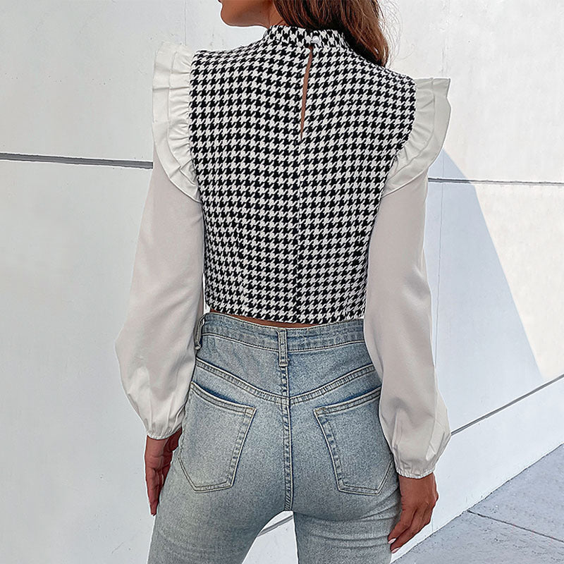 Blusa de Cuello Medio Houndstooth Manga Larga y Corte Corto | Ideal para Otoño e Invierno