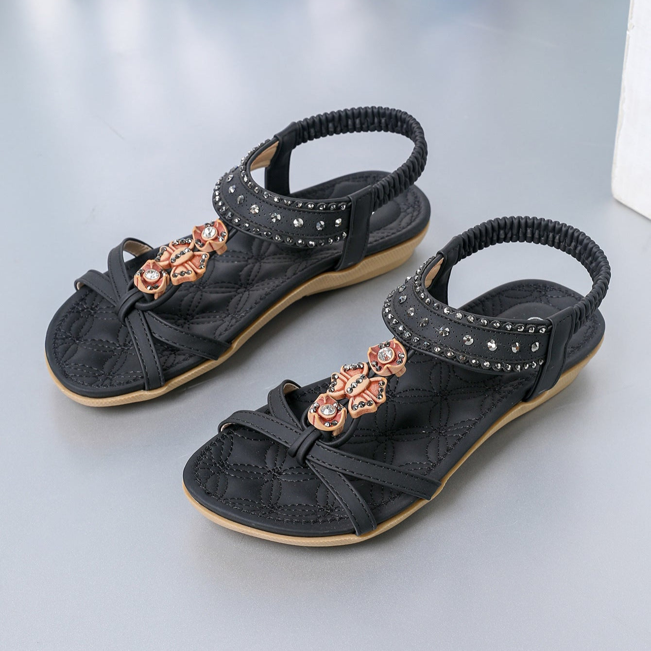 Sandalias Planas para Mujer con Detalles de Cristales y Banda Elástica | Ideal para Verano