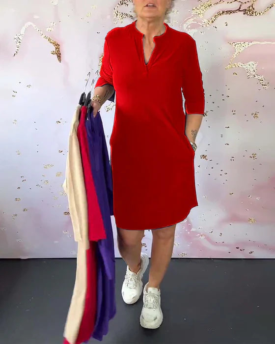 Vestido Recto con Cuello en V y Mangas 3/4 | Ideal para Primavera y Verano