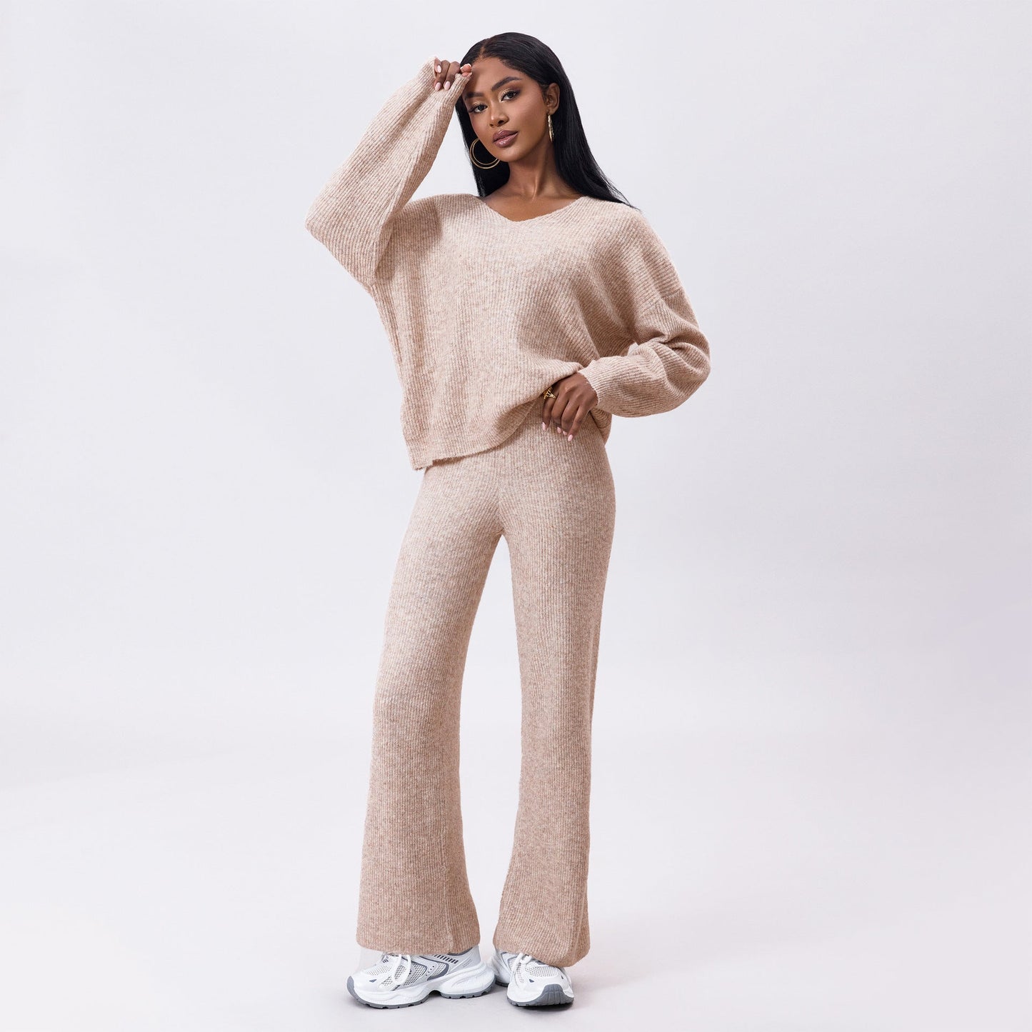 Conjunto de Dos Piezas de Punto con Rayas Hundidas y Mangas Largas | Ideal para Otoño