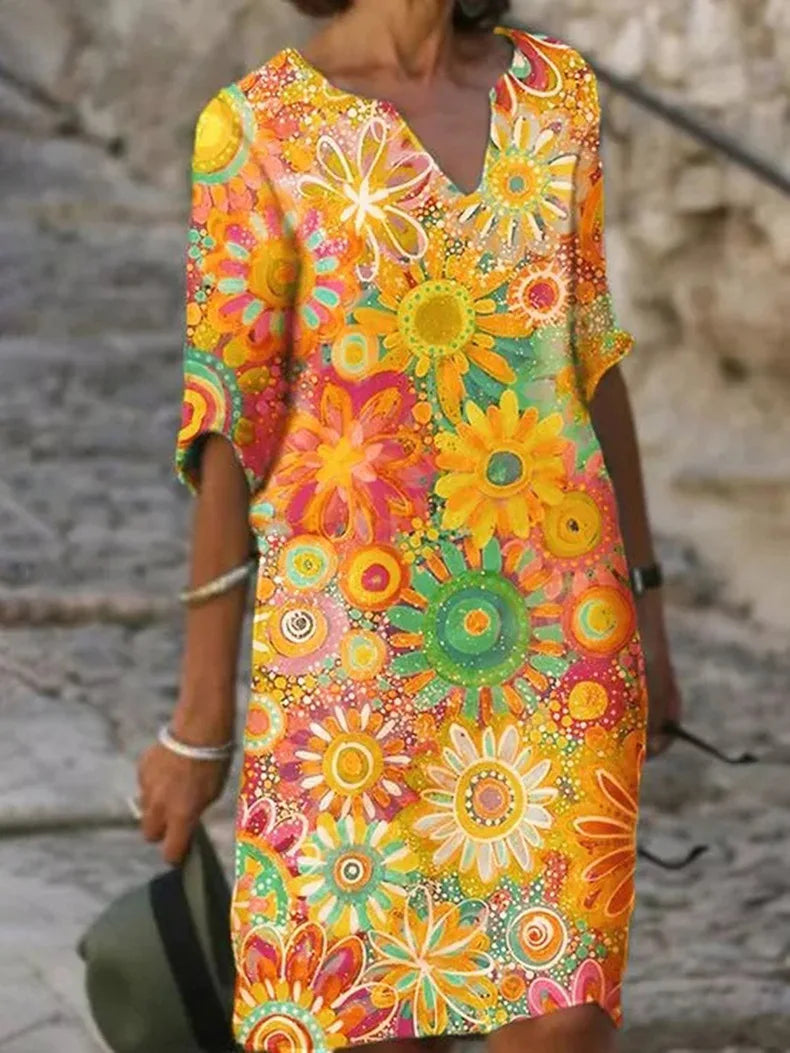 Vestido Floral con Escote en V y Mangas Cortas para Mujer | Ideal para el Verano