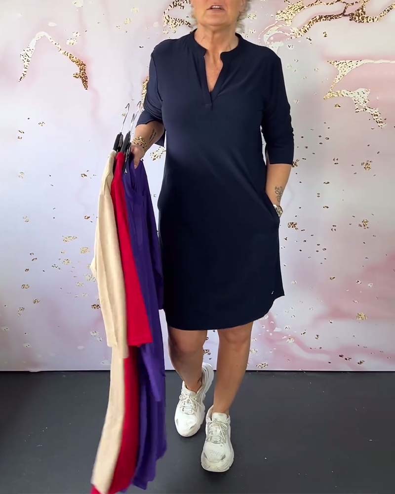 Vestido Recto con Cuello en V y Mangas 3/4 | Ideal para Primavera y Verano
