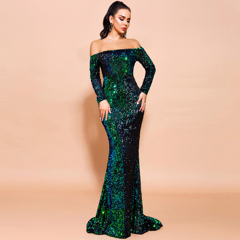 Vestido de Noche Sin Tirantes con Mangas Largas y Lentejuelas | Ideal para Otoño e Invierno
