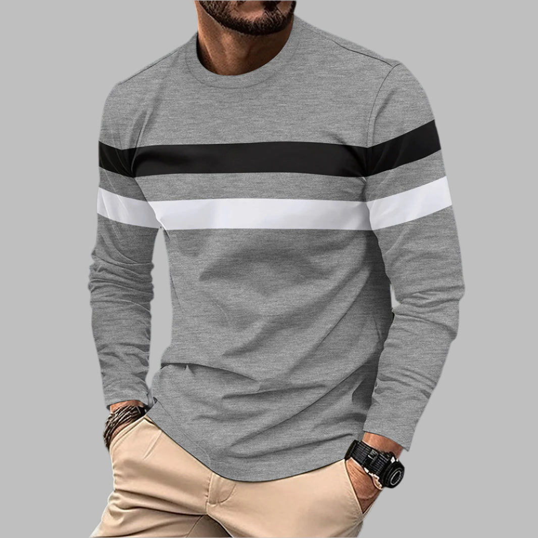 Camiseta de manga larga de cuello redondo para hombres con diseño de bloques de color, ideal para invierno, primavera y otoño