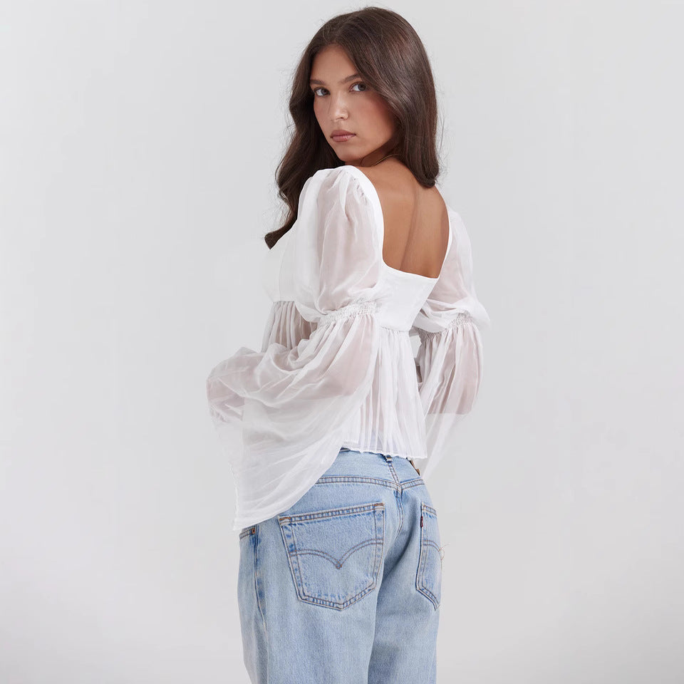 Top de Chifón Transparente de Manga Larga y Cuello Cuadrado para Mujer | Ideal para Primavera y Verano