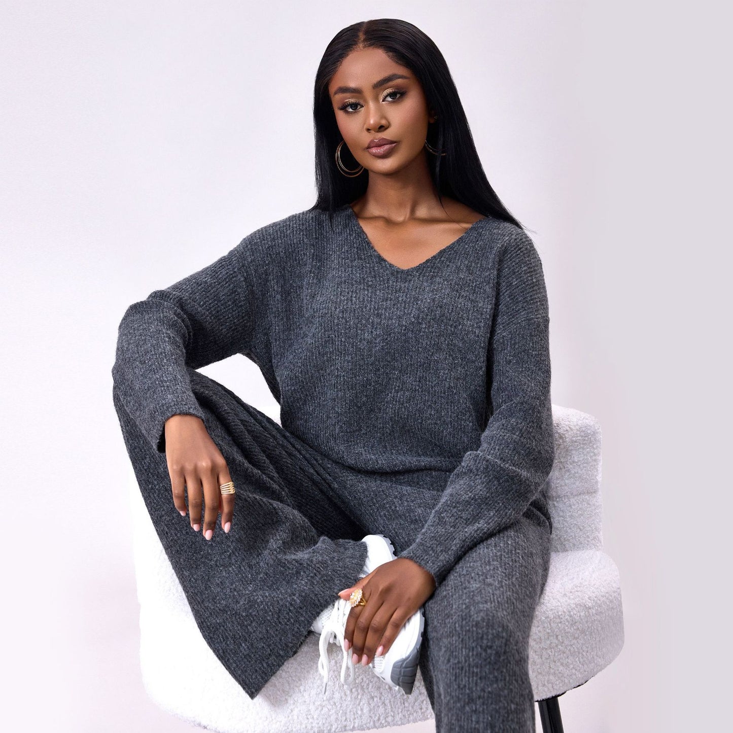 Conjunto de Dos Piezas de Punto con Rayas Hundidas y Mangas Largas | Ideal para Otoño