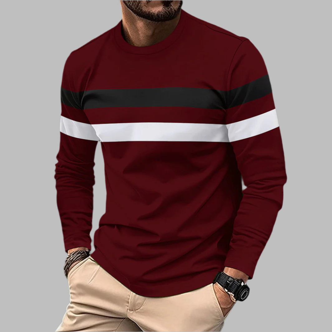 Camiseta de manga larga de cuello redondo para hombres con diseño de bloques de color, ideal para invierno, primavera y otoño