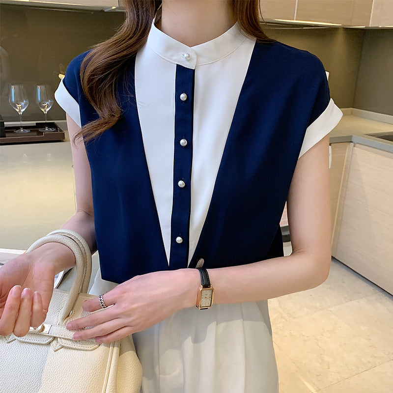 Cardigan Camisa de Cuello Alto con Costuras en Contraste y Manga Corta | Ideal para Primavera y Verano