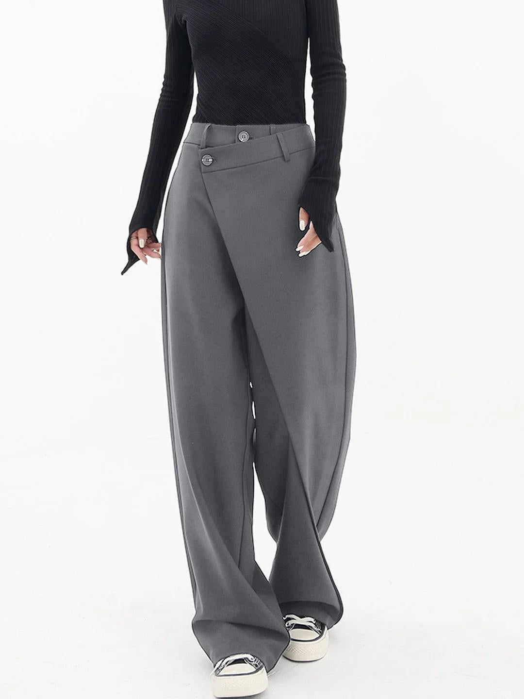 Pantalones anchos de cintura alta con botón asimétrico I Ideales para primavera y otoño
