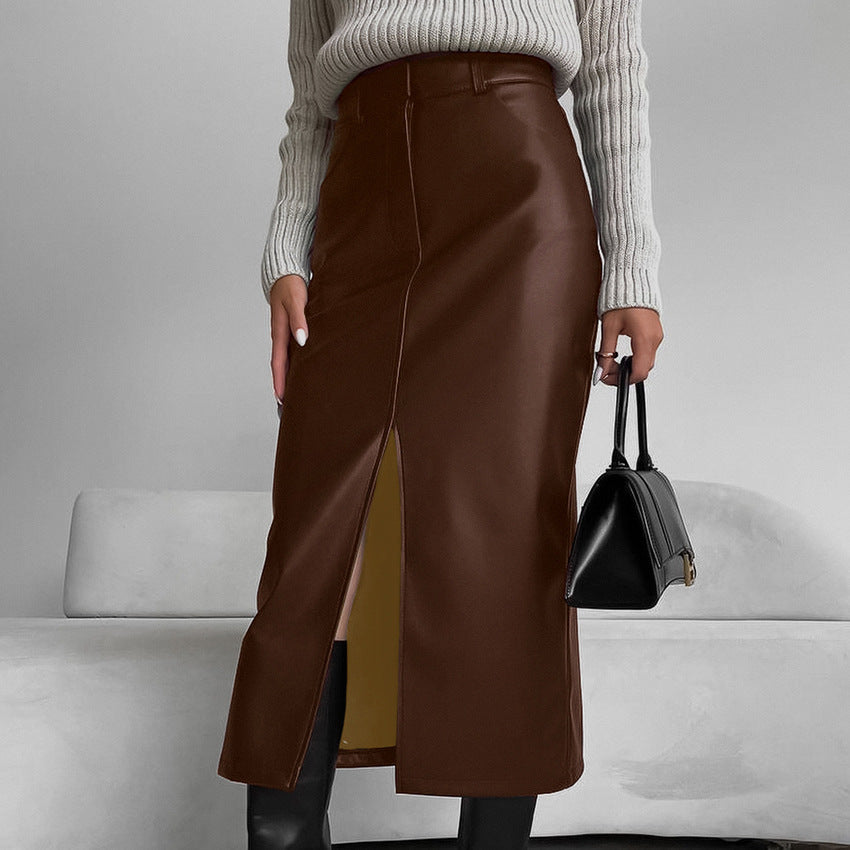 Falda Recta de Piel de PU Forrada en Felpa | Ideal para Otoño e Invierno