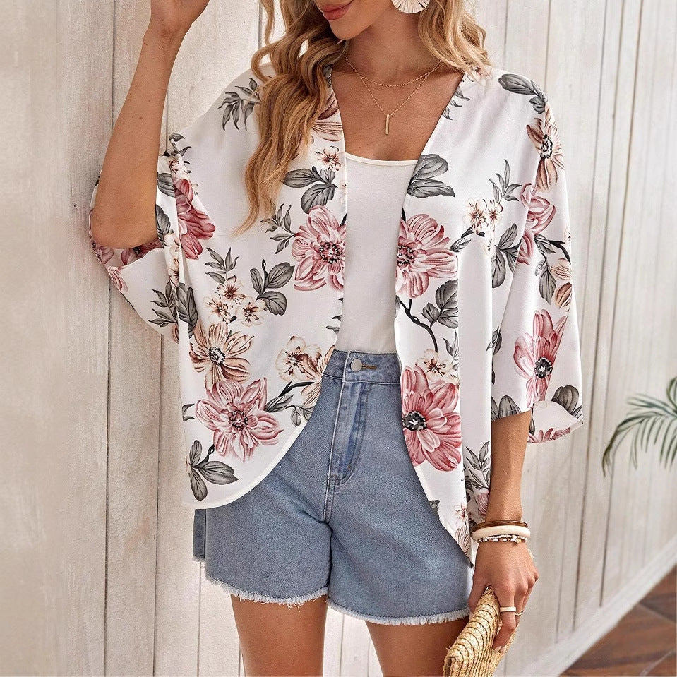 Abrigo de manga murciélago abierto con estampado – Ideal para primavera y otoño