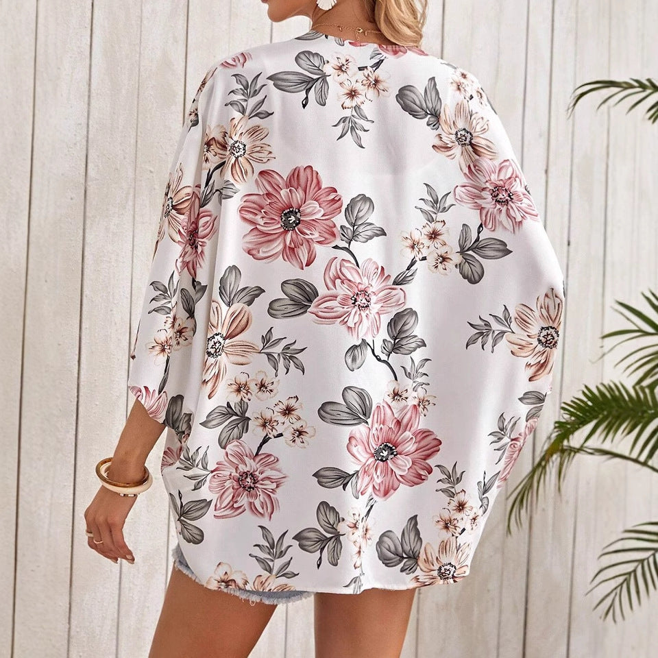 Abrigo de manga murciélago abierto con estampado – Ideal para primavera y otoño