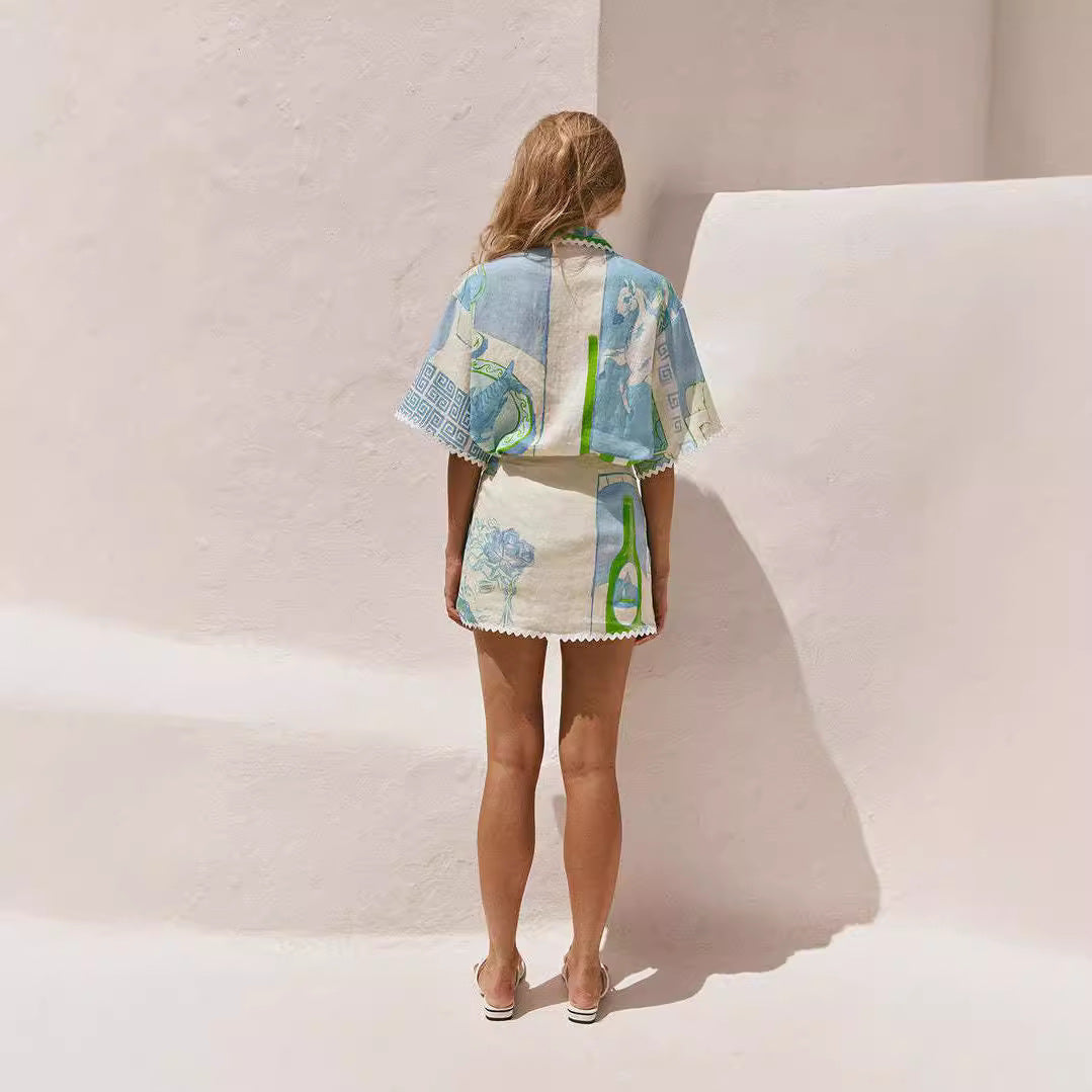 Conjunto de Dos Piezas en Algodón-Lino con Estampado de Encaje | Ideal para Primavera y Verano
