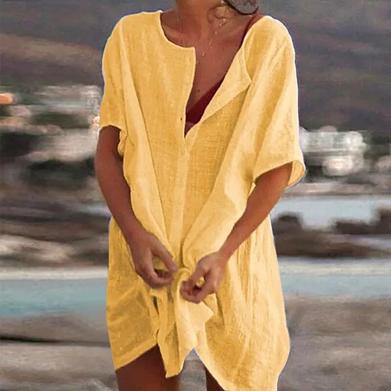 Vestido Acampanado de Algodón y Lino con Mangas Cortas | Ideal para Primavera y Verano